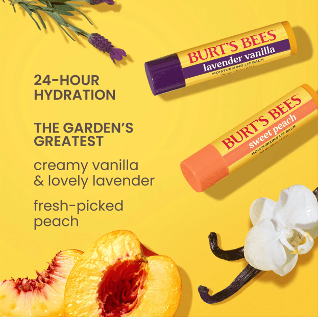 Burt's Bees Moisturizing Lip Balm Value Pack, Lavender Vanilla & Sweet Peach, 4 Count (Pack of 2 Value Packs)
