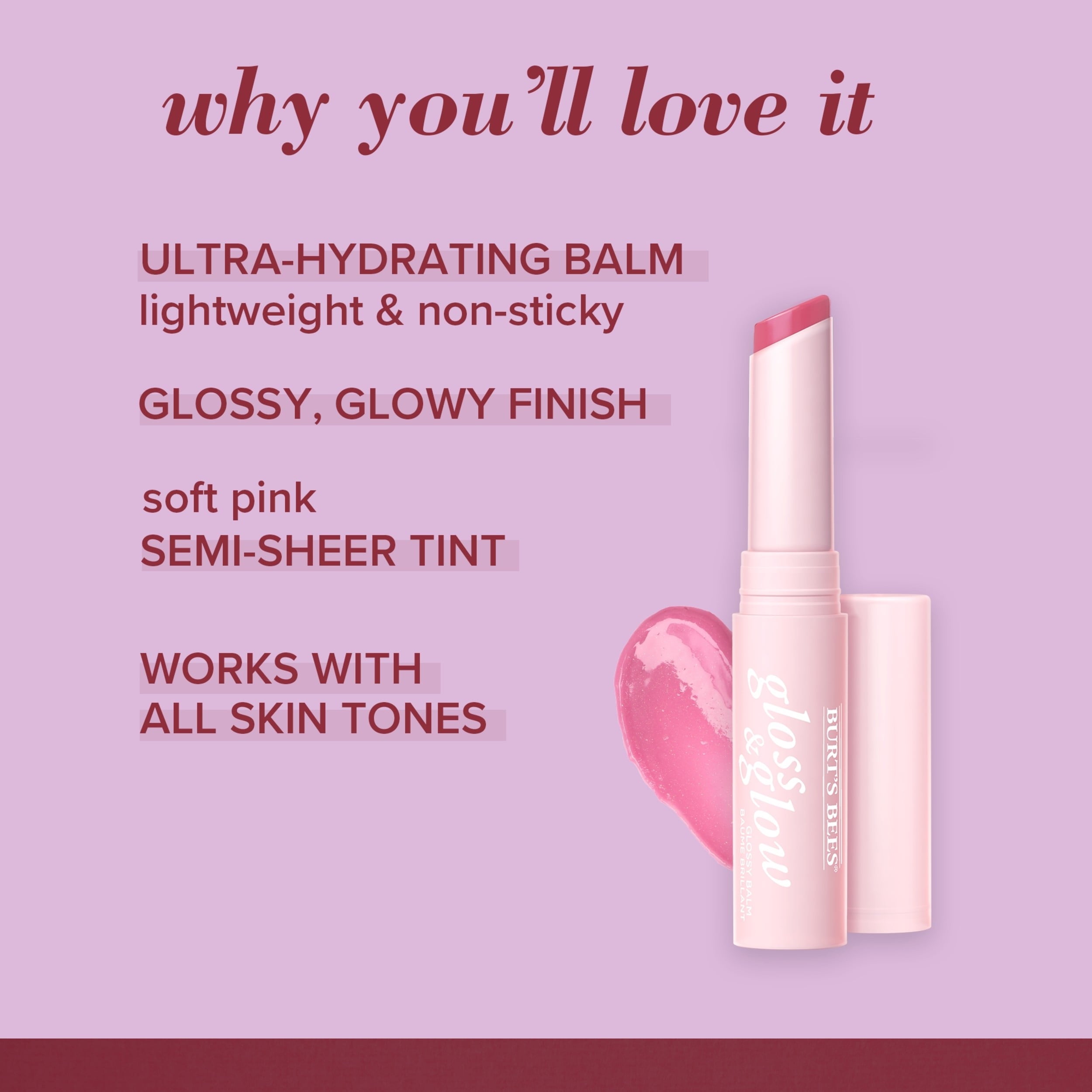 Burts Bees Gloss and Glow Glossy Balm, 100% Natural Origin, Winning in Pink, 1 Tube