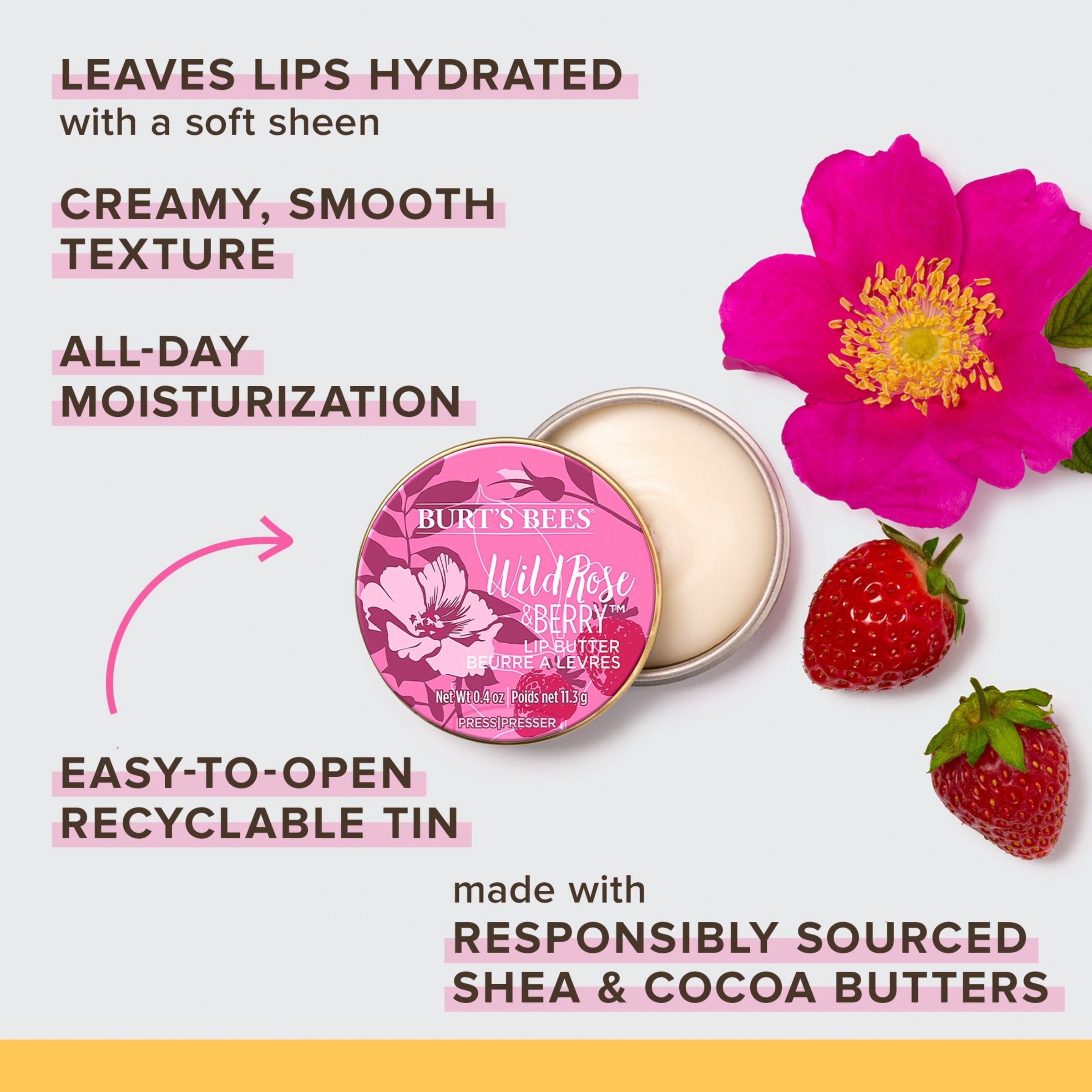 Burt's Bees 100% Natural Origin Lip Butter With Moisturizing Shea And Cocoa Butters, Wild Rose and Berry, 1 Tin In Blister Box
