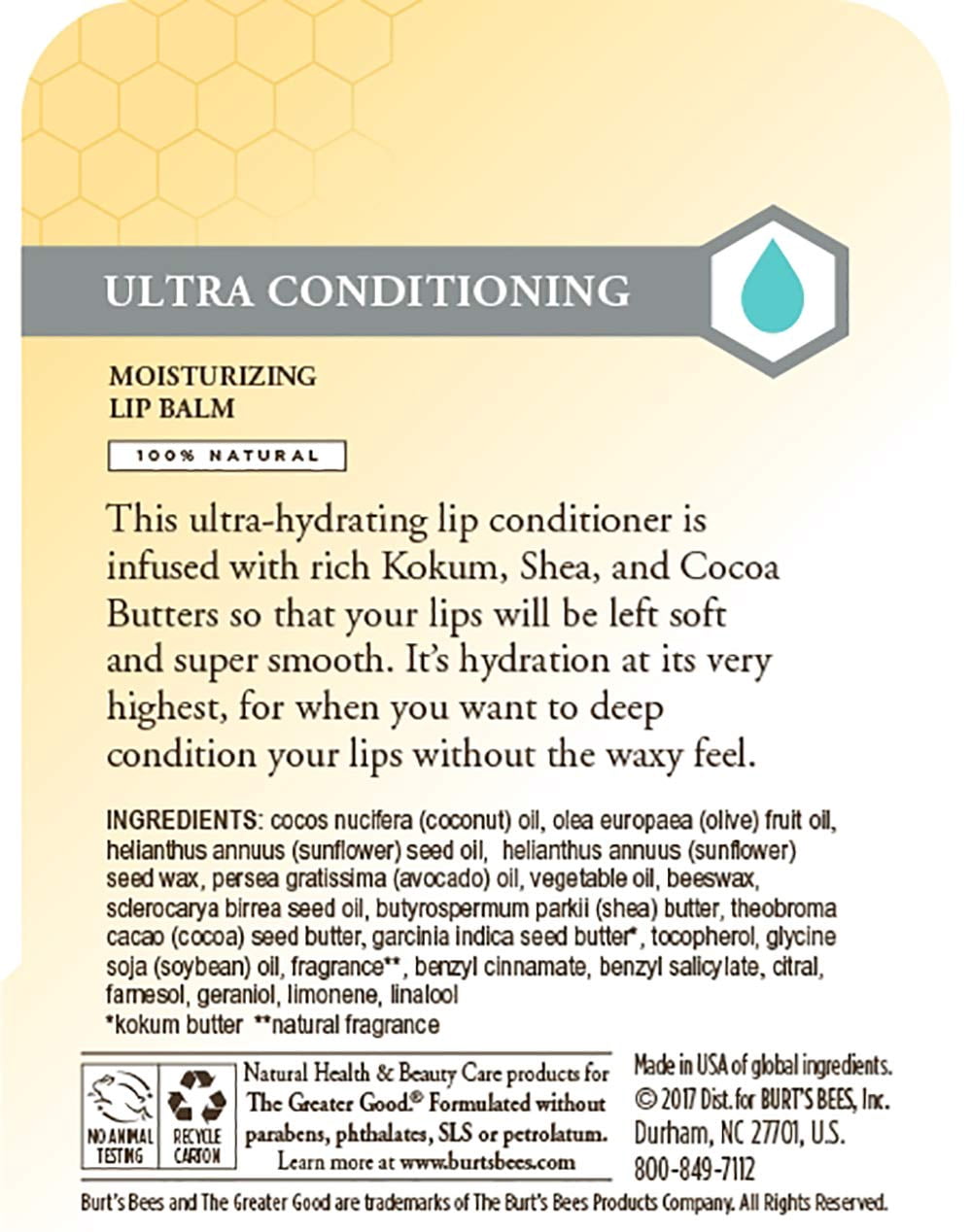 Burt's Bees Lip Balm, Ultra Conditioning with Kokum Butter, 0.15 oz (Pack of 3)