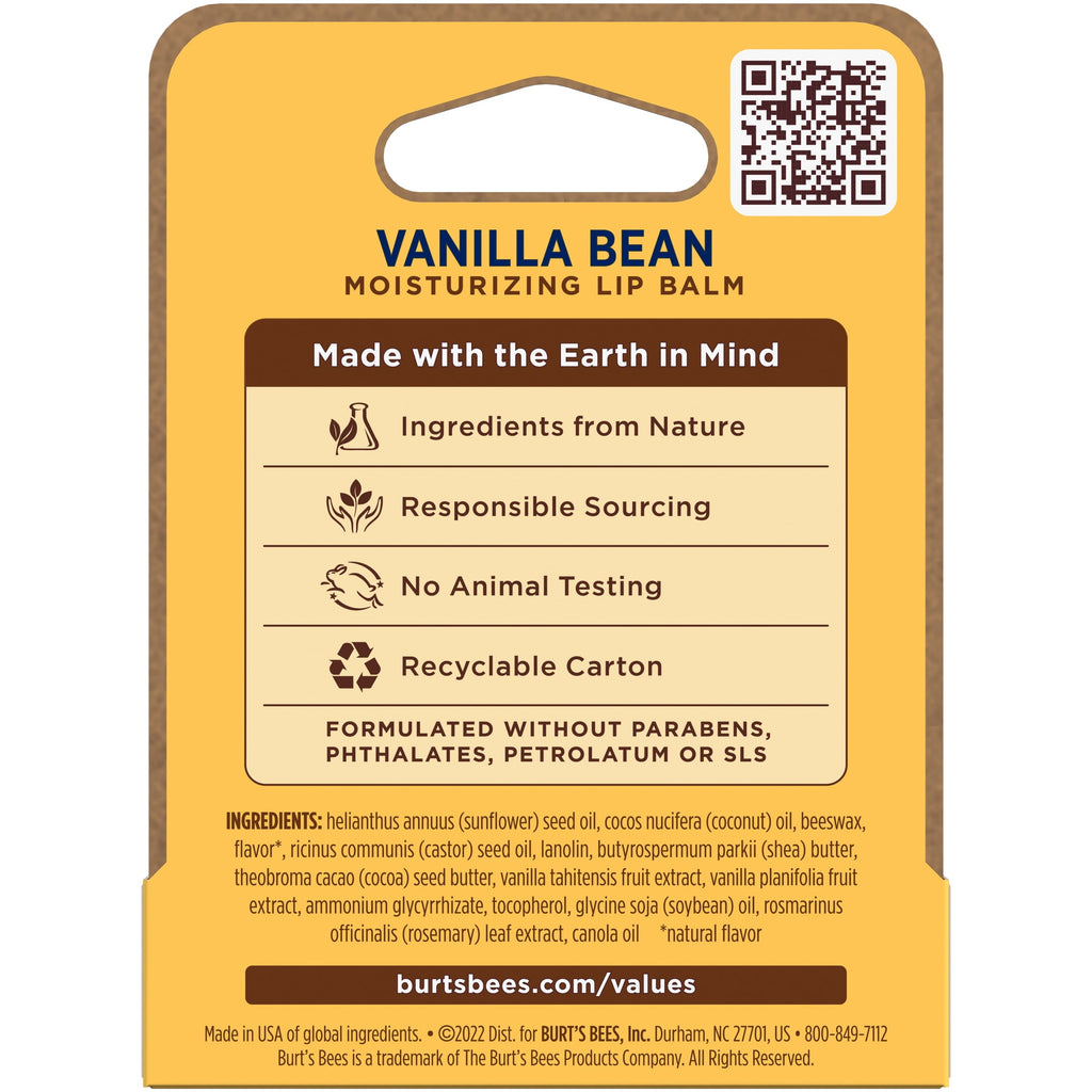 (3 pack) Burt's Bees 100% Origin Natural Moisturizing Lip Balm with Beeswax, Vanilla Bean, 1 Tube