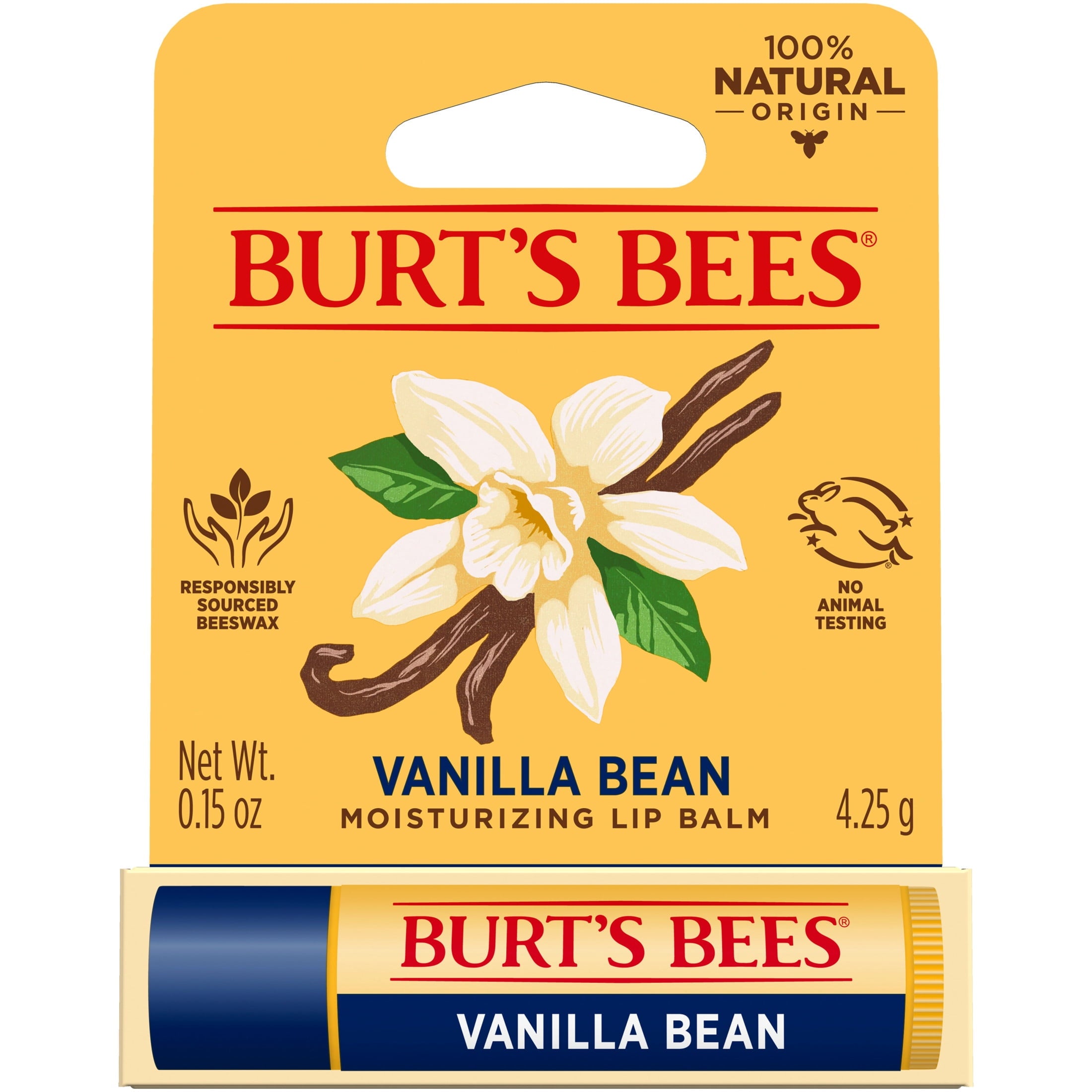 (3 pack) Burt's Bees 100% Origin Natural Moisturizing Lip Balm with Beeswax, Vanilla Bean, 1 Tube
